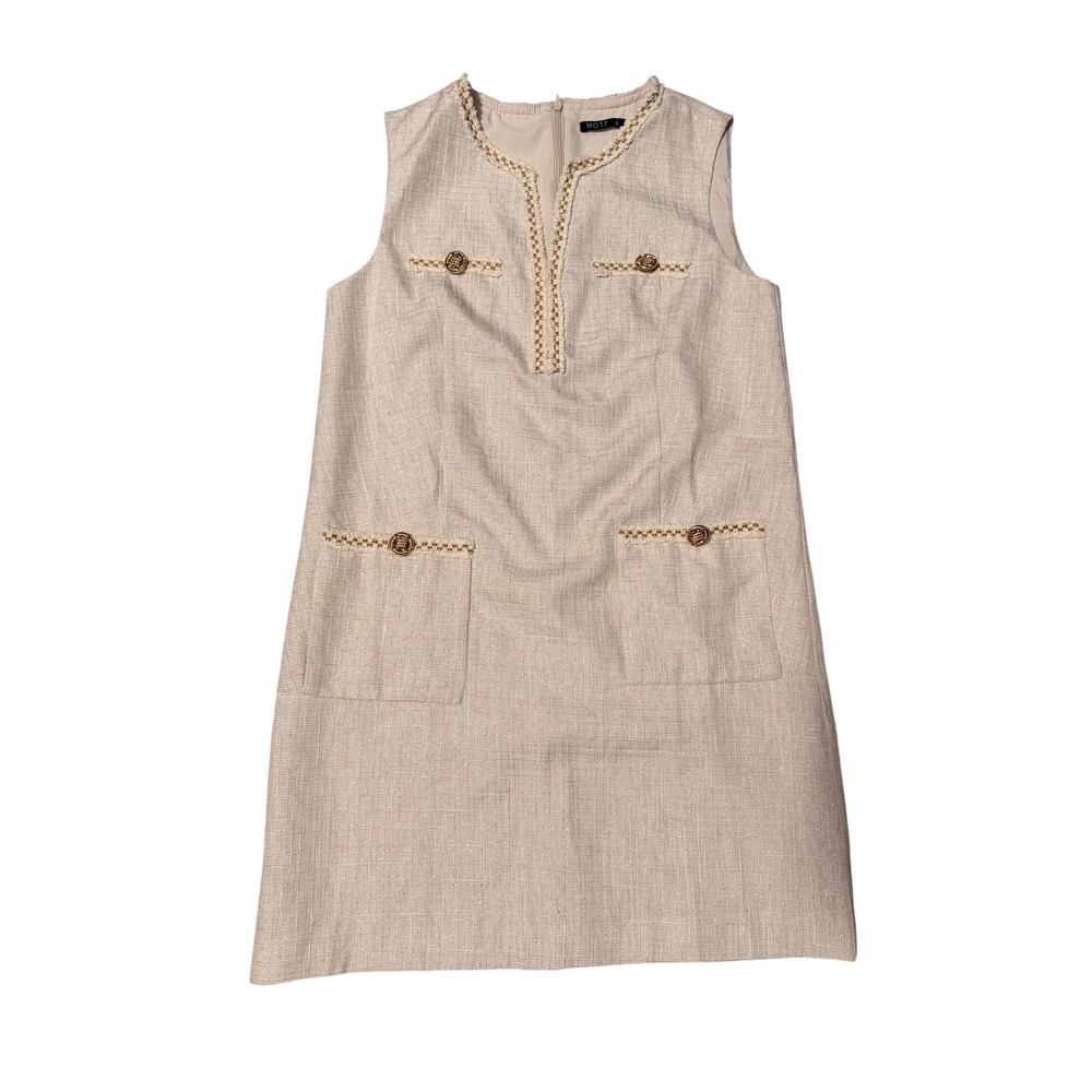 MOTF Tweed Shift Mini Dress Cream Gold Button Old Money Chanel Style Size S